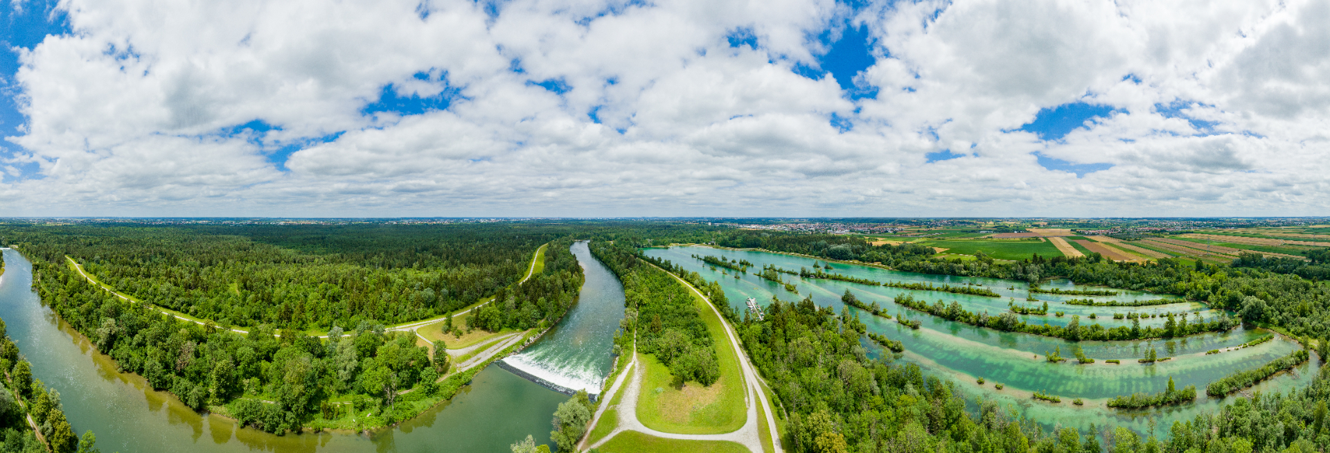 180°-Luftpanorama über Lech und Kissinger Heide mit Türkis-Auen